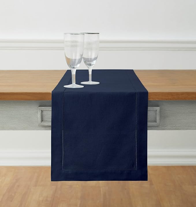 Solino Home Cotton Linen Dining Table Runner Navy Hemstitch, 14 x 132 in | by SolinoHome