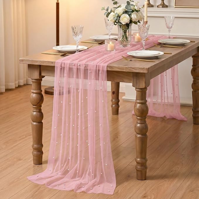 Artoid Mode Pearl Pastel Pink Gauze Table Runner 120 Inch 10FT, Seasonal Sheer - Image 4
