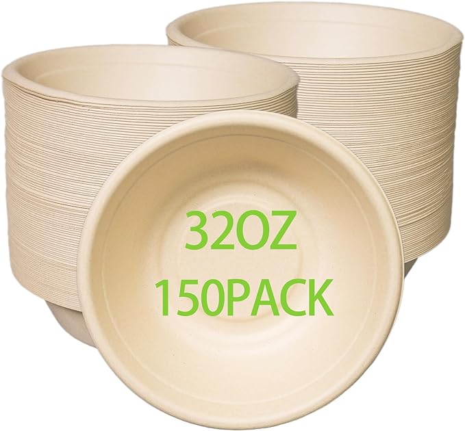 32oz Disposable Salad Bowls 150Pack, Big Paper Bowls, Heavy-Duty, Eco-Friendly by Emlifepak