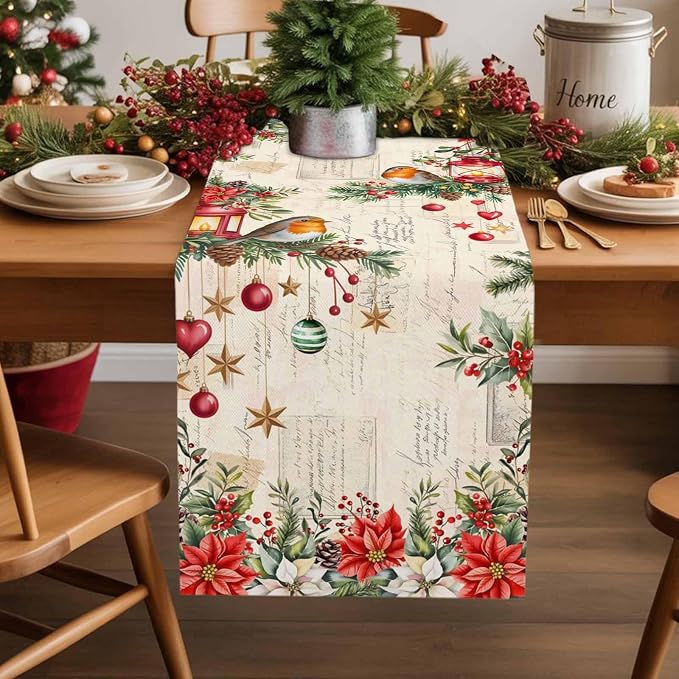 Christmas Poinsettia Table Runner 108 Inches Long, Winter Xmas Balls Birds - Image 2