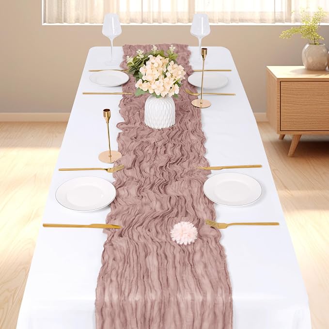3 Pack Dusty Pink Cheesecloth Table Runner, 17 x 108 inch, Semi Sheer Boho - Image 2