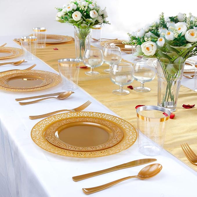 102 PCS Brown Gold Plastic Plates, Lace Design Disposable Plates, BPA Free - Image 4