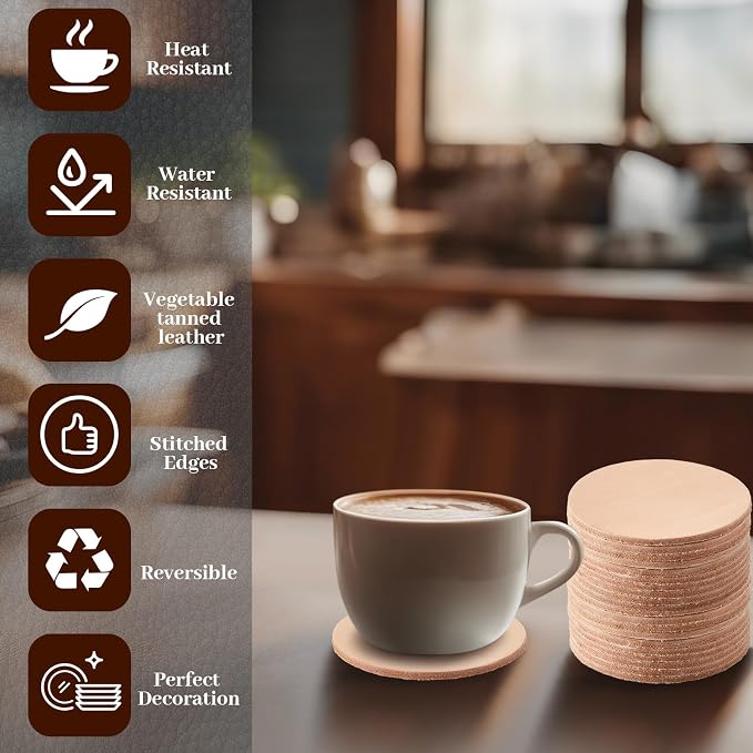 Bulyoou 100 Pcs Round Vegetable Tan Leather Coaster 3-1/4" Circular Tooling | - Image 4