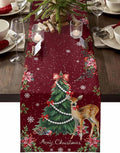 Christmas Reindeer Short Table Runners 48 Inches, Cotton Linen Fabric Red Table by Edwiinsa