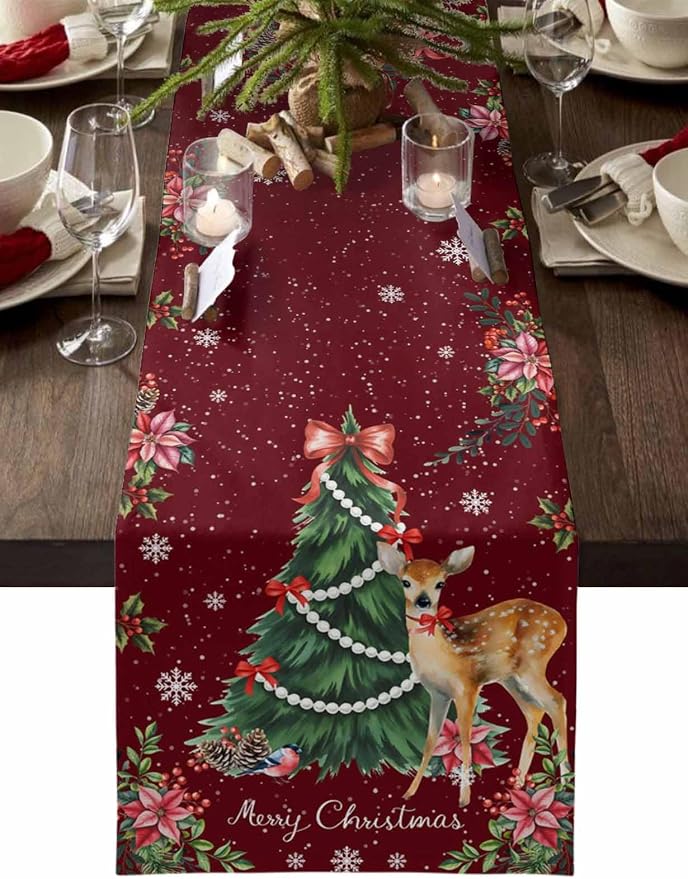 Christmas Reindeer Table Runners 72 Inches Long, Cotton Linen Fabric Red Table by Edwiinsa
