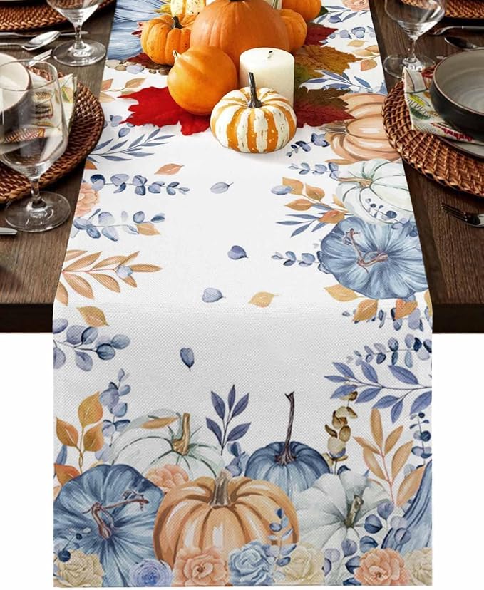Blue Pumpkin Fall Table Runner 36 Inches Long, Thanksgiving Floral Eucalyptus by Unknown