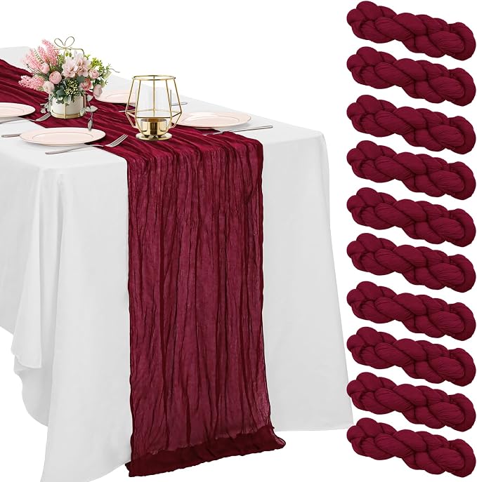 10 Pack Burgundy Cheesecloth Table Runner 10FT Boho Gauze Fabric Table Runner by HAISIWLKJ