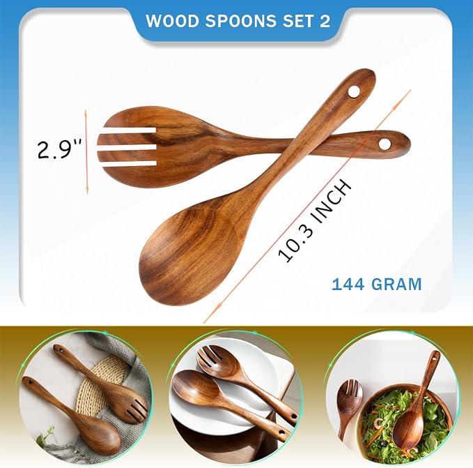 Teak Wood Sporks 10.2-Inch Pack of 2, Teak Wooden Salad Forks - Image 2
