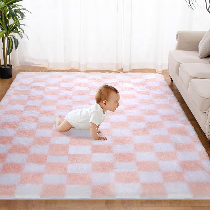 Super Soft Rug for Bedroom, 5x7 Ft Pink and White Area Rug Classic Checkered by TOOHUB