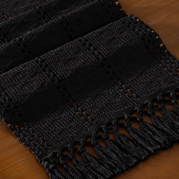 DeZerlor Black Boho Macrame Farmhouse Woven Table Runner 108Inch | Cotton Linen - Image 2