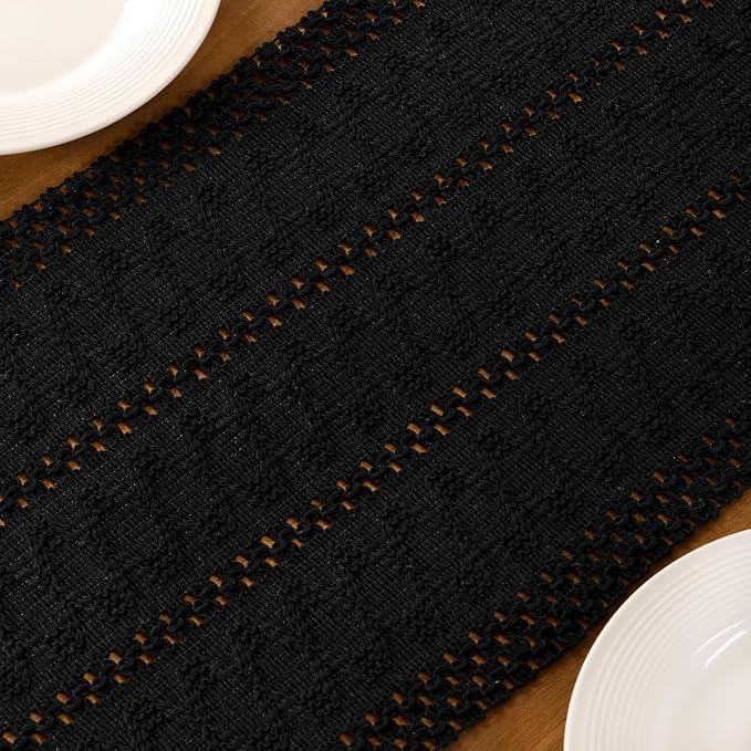 Black Boho Table Runner Farmhouse Macrame Woven Table Runner 12x60 Inch | Small - Image 6