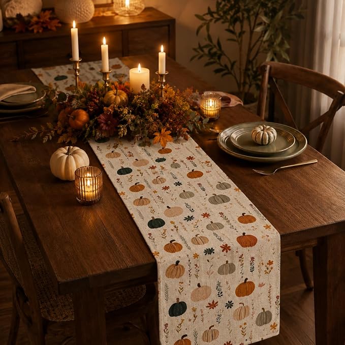 Fall Table Runner 13×90 Inch, Watercolor Pumpkin Floral Autumn Table Decor | - Image 4