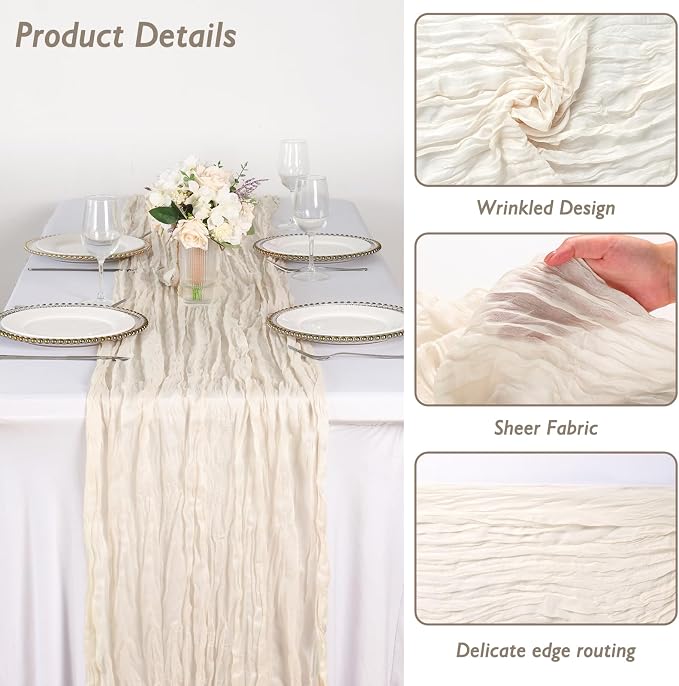 1 Pack Ivory White Cheesecloth Table Runner 120 Inch Boho Wedding Decor | - Image 3