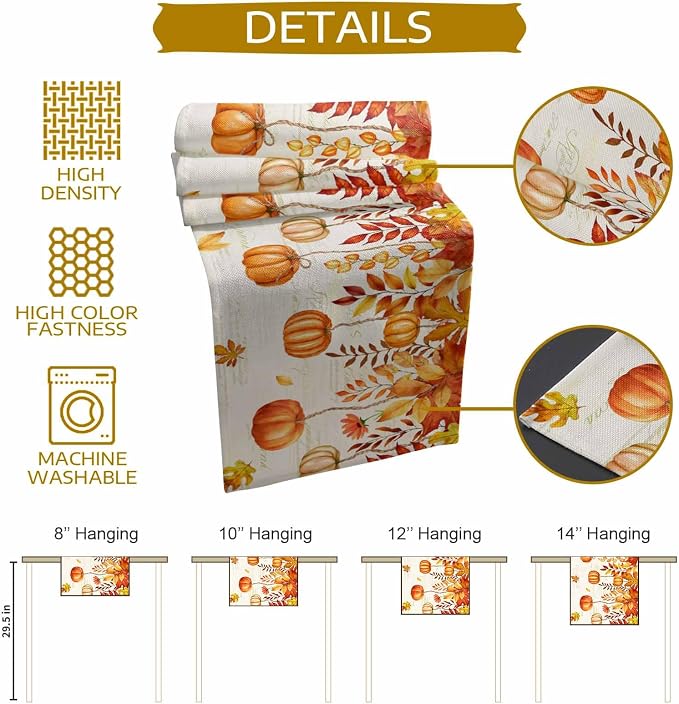 Orange Pumpkin Fall Table Runner 90 Inches Long, Thanksgiving Maple Eucalyptus - Image 8