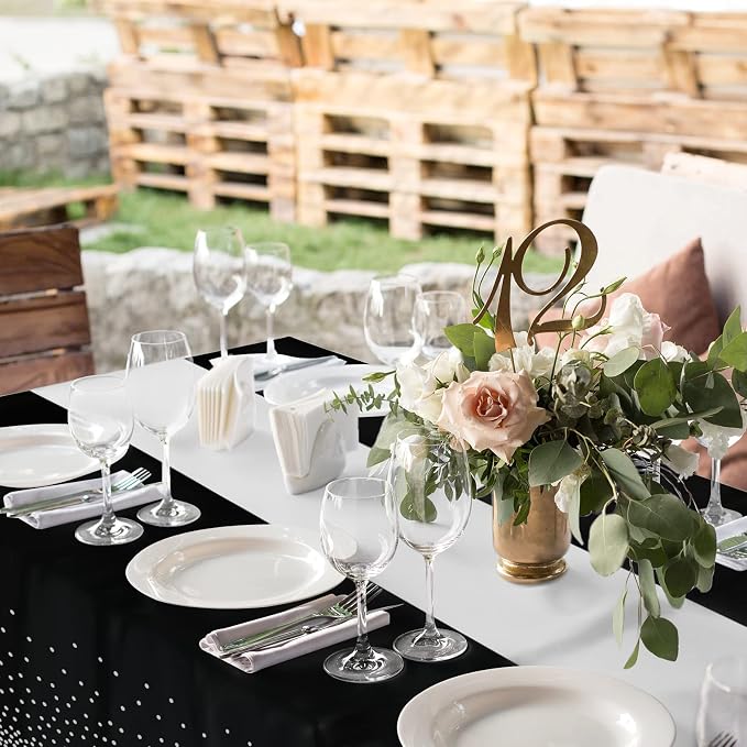 16Pack Disposable Plastic Tablecloths and Satin Table Runner Set Black and - Image 7