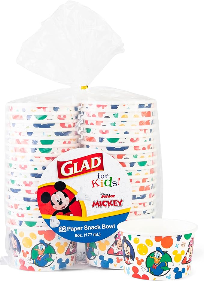 Glad Disney Mickey and Friends Disposable Snack Bowls, 6 Oz, soak-proof by GladTrashFoodStorage