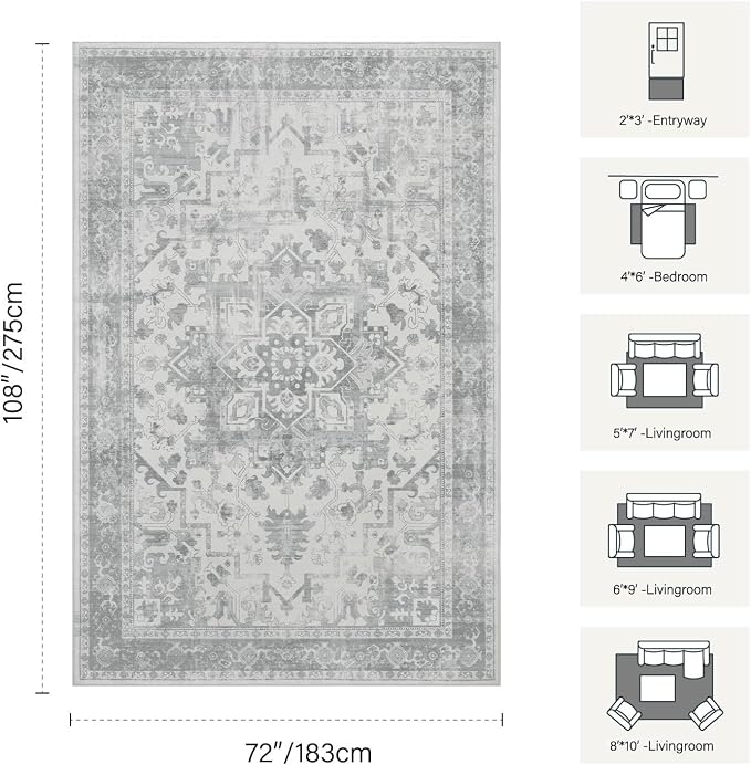Rugxara 6x9 Washable Area Rug for Living Room, Neutral Vintage Large Boho Rugs - Image 2