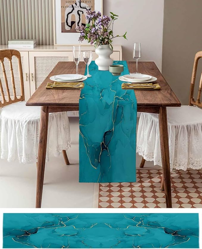 Teal Marble Table Runners 36 Inches Long, Turquoise Marble Crack Table Runner - Image 6