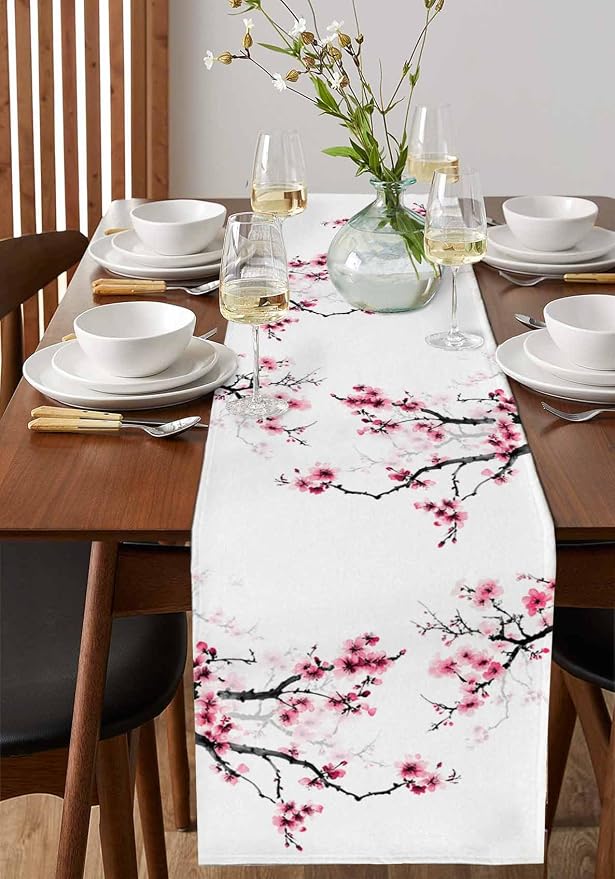 Pink Cherry Flowers Table Runners 60 Inches Long, Cotton Linen Fabric Table - Image 2