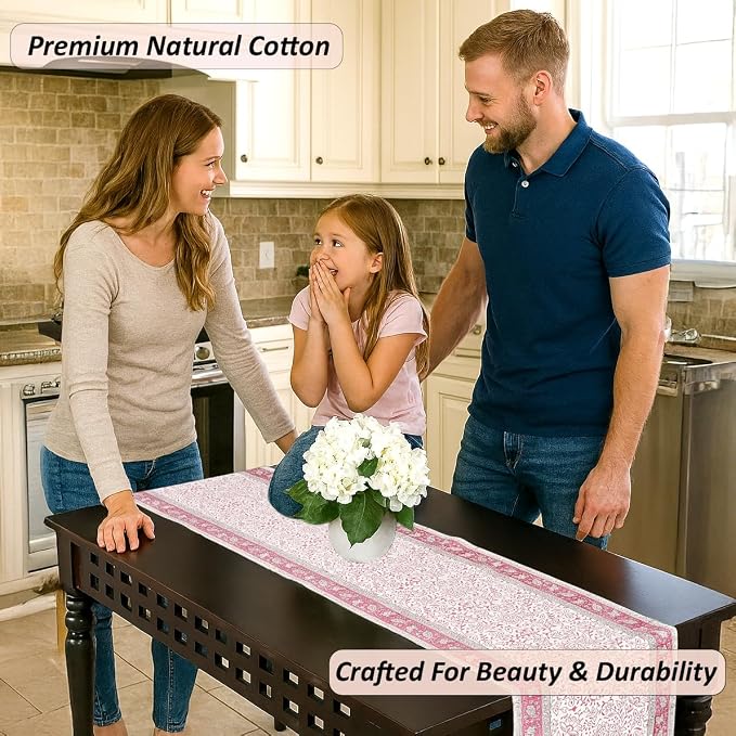 Pink Jaal Hand Block Print 100% Cotton Reusable Table Runner 16" X 106" Inches - Image 5