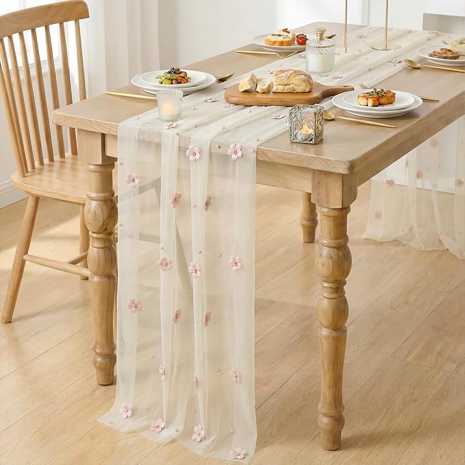 Artoid Mode Pink Flower Pearl White Gauze Table Runner 10FT 3PC, Seasonal Sheer - Image 3