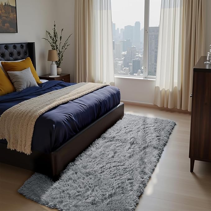 Soft Runner Rugs for Bedroom, Light Grey 3x7 Area Rugs Fluffy Rug Shag Area Rug by Yongyangjuxi