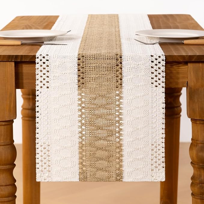 Ivory & Burlap Boho Table Runner Farmhouse Woven Table Runner 12x36 Inch | - Image 3