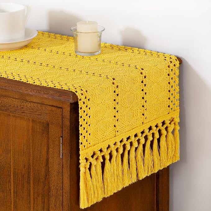 DeZerlor Boho Macrame Table Runner Spring Easter Farmhouse Woven Small Table - Image 4