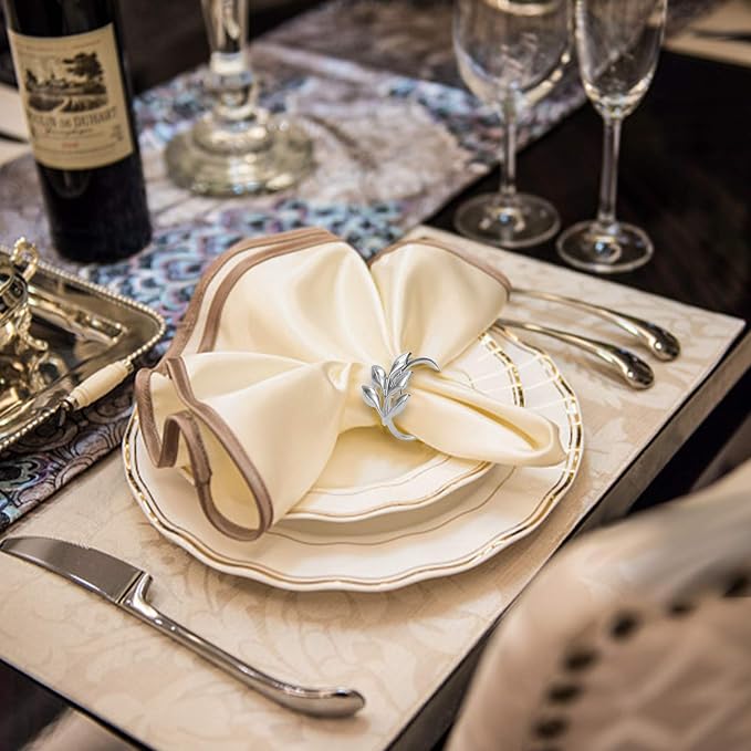 KPOSIYA Set of 20 Leaf Napkin Rings Metal Silver Napkin Holder Table Napkin - Image 3
