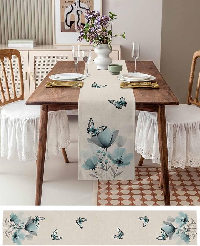 Turquoise Floral Table Runners 48 Inches Long, Spring Flowers Butterfly Table - Image 6