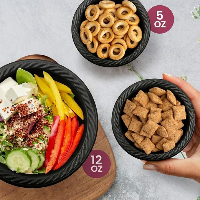 R-kay 100 Count 12 Oz Black Plastic Bowls Disposable - Image 2