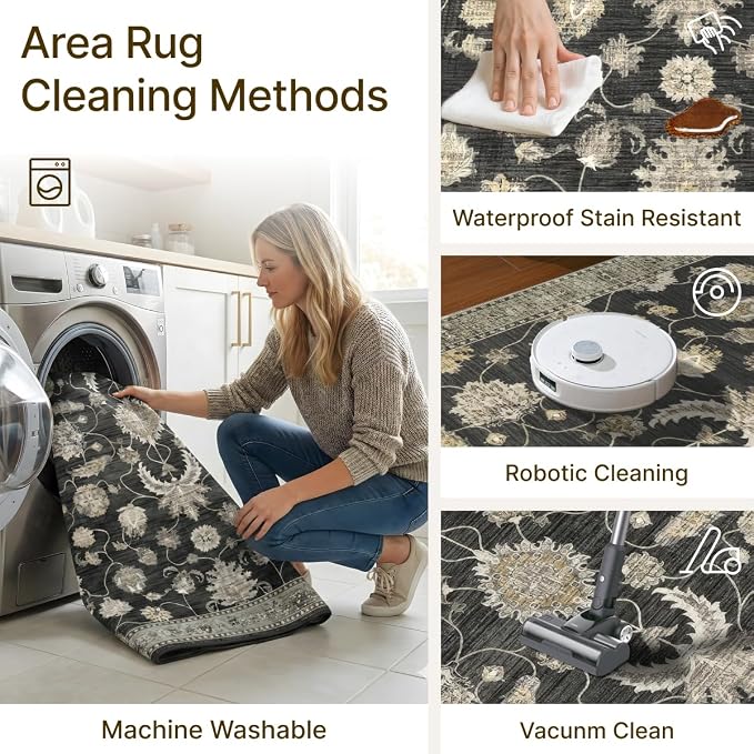 6x9 Area Rug for Living Room-Vintage Farmhouse Boho Floral Washable Stain - Image 3