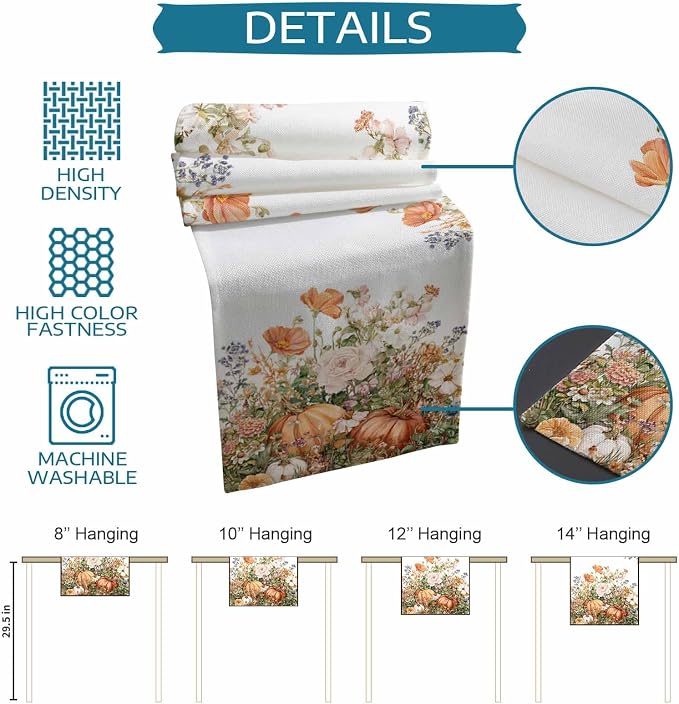 Fall Windflowers Pumpkin Table Runners 90 Inches Long, Cotton Linen Fabric - Image 6