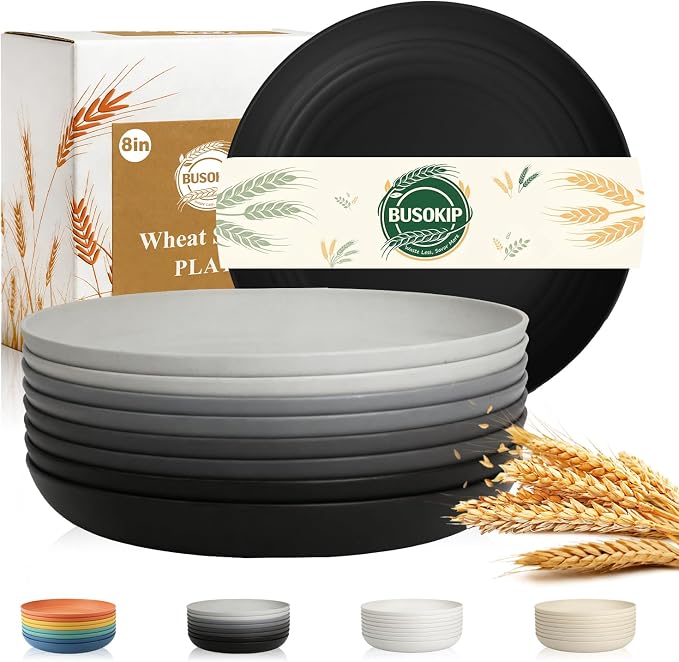 8 Inch Dinner Plates Set of 8, Wheat Straw Plates, Unbreakable Camping Plates by BUSOKIP