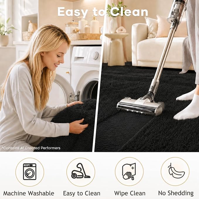 Ophanie Black Rugs for Living Room, Fluffy Furry Shaggy Fuzzy Area Rug - Image 6