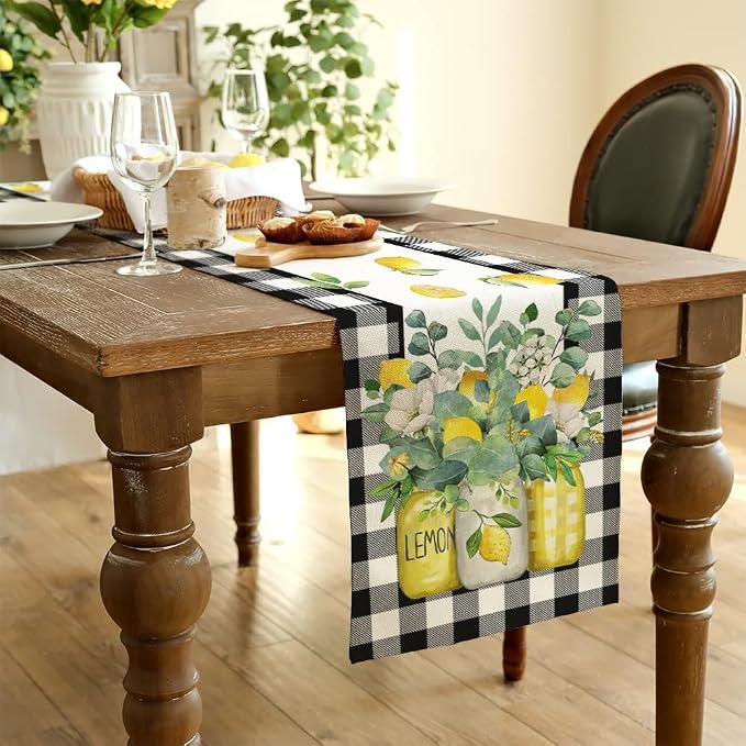 Black Buffalo Check Summer Table Runner 72 Inch, Lemon Vase Spring Farmhouse - Image 2