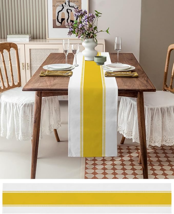 Yellow Table Runners 90 inches Long, Modern Stripes Table Runner Farmhouse - Image 3