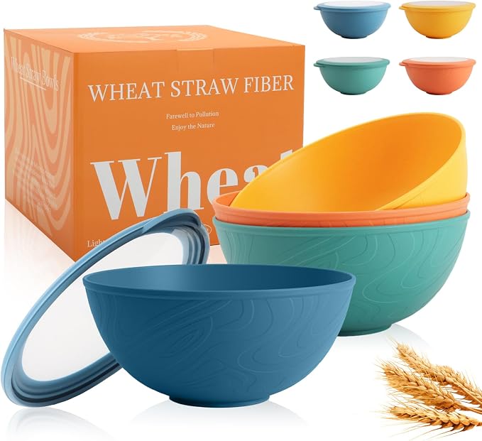 Wheat Straw Bowls Set with Lids, Unbreakable 40 OZ Cereal Bowls Set of 4 by Perlapoc
