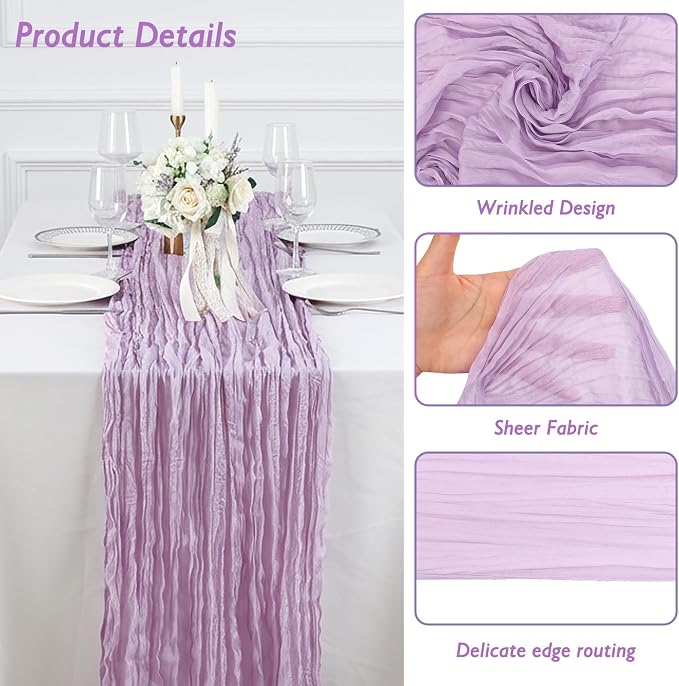 1 Pack Lilac Purple Cheesecloth Table Runner 120 Inch Boho Wedding Decor | - Image 3