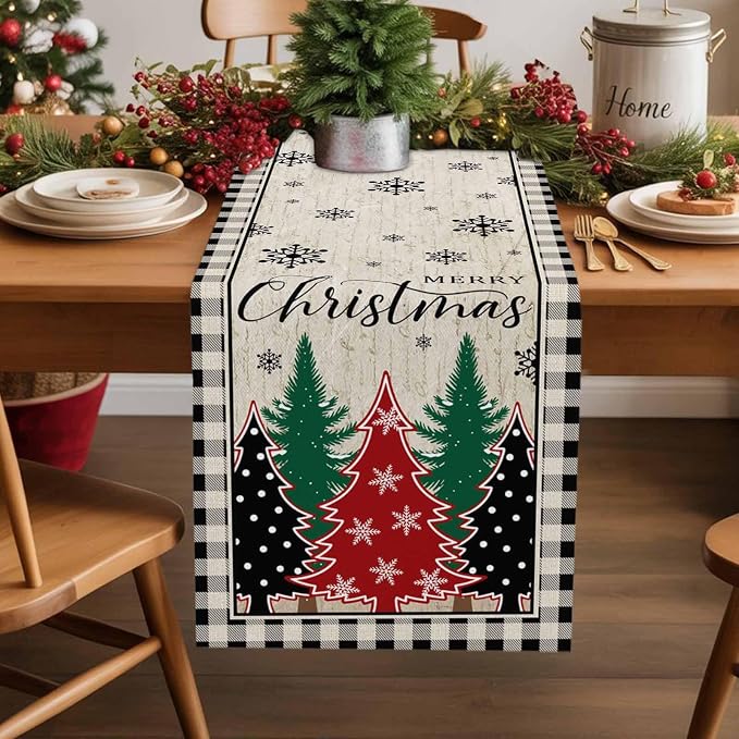 Christmas Trees Table Runner 36 Inches Long, Xmas Snowflake Retro Table Runners - Image 2
