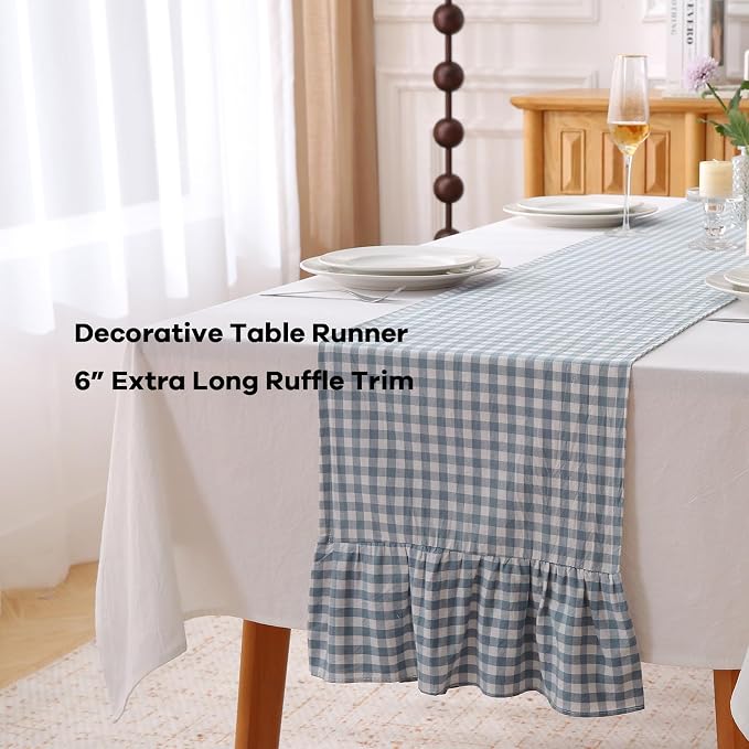 Dust Blue White Plaid Gingham Ruffle Table Runner 108 inches Long 100% Washed - Image 3