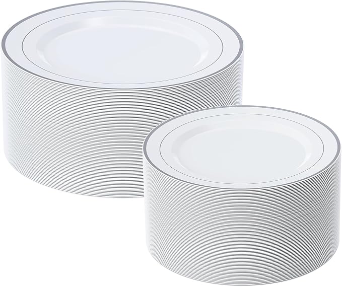 FOCUSLINE Silver Plastic Plates Set of 60, Disposable Plates by FOCUSLINE