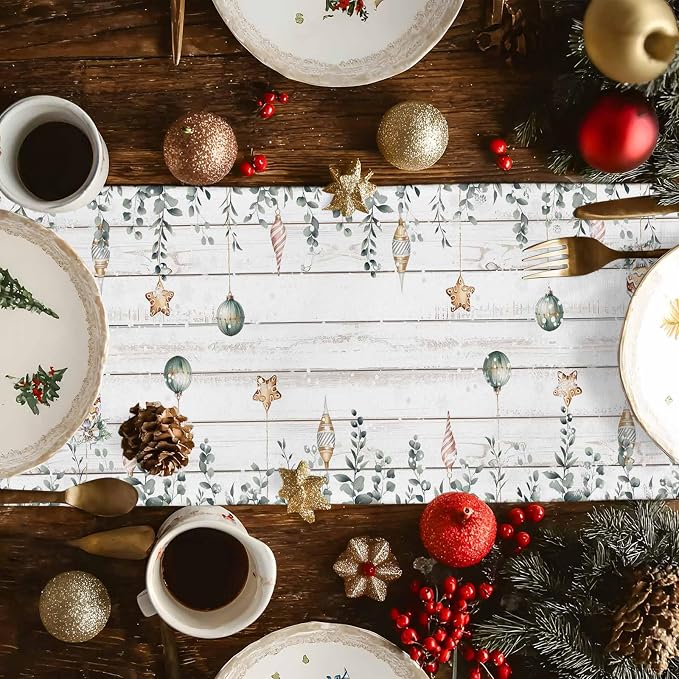Christmas Snowman Table Runner 48 Inches Long, Xmas Trees Eucalyptus Leaves - Image 4