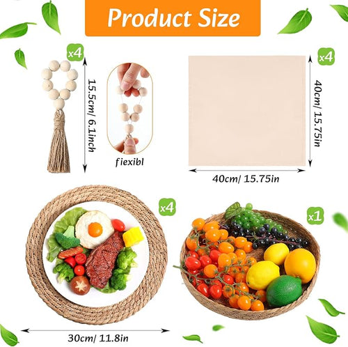 4 Sets Boho Decoration Placemats Round Woven Placemats, Cloth Napkins, Wood - Image 2