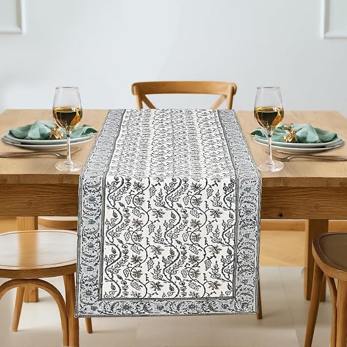 Baby Blue Eyes Hand Block Print 100% Cotton Reusable Table Runner 16" X 106" by Ridhi