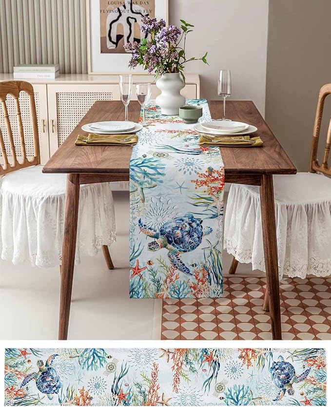 Sea Turtle Coastal Table Runners 60 Inches Long, Summer Beach Coral Table - Image 6