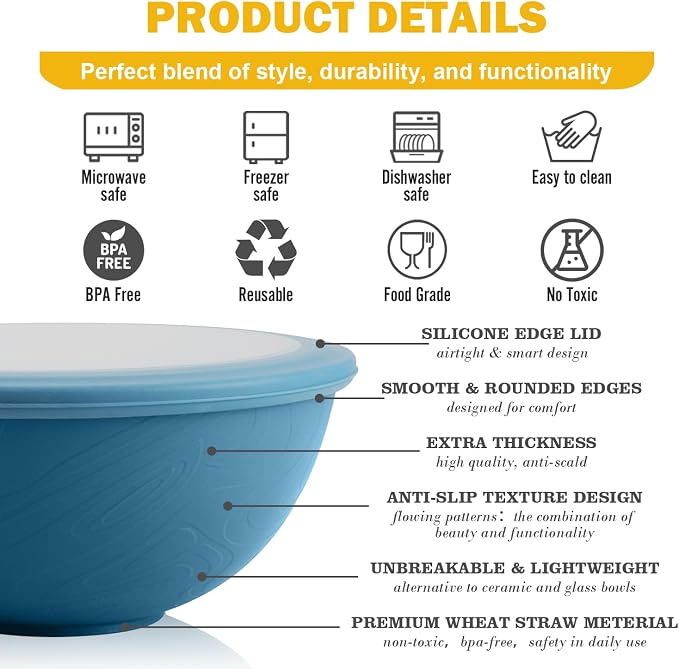 Wheat Straw Bowls Set with Lids, Unbreakable 40 OZ Cereal Bowls Set of 4 - Image 3