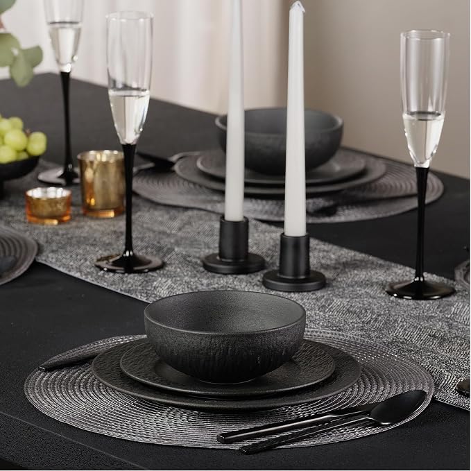 Bowl Set of 4, 20.4 oz Matte Marble Pattern Stoneware Soup Bowls | Black - Image 7