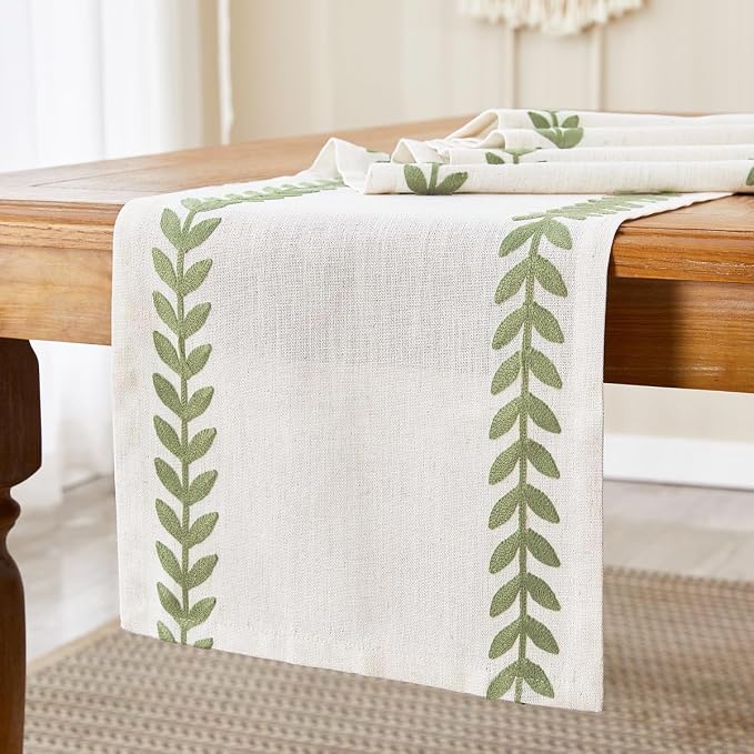 Embroidered Table Runner, Light Green Table Runners 90 Inches Long | Linen - Image 5