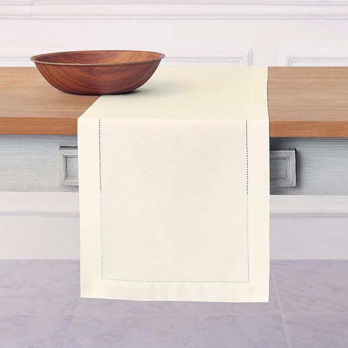 Solino Home Cotton Linen Dining Table Runner Ivory Hemstitch, 14 x 90 in | by SolinoHome